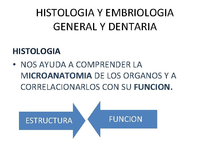 HISTOLOGIA Y EMBRIOLOGIA GENERAL Y DENTARIA HISTOLOGIA • NOS AYUDA A COMPRENDER LA MICROANATOMIA