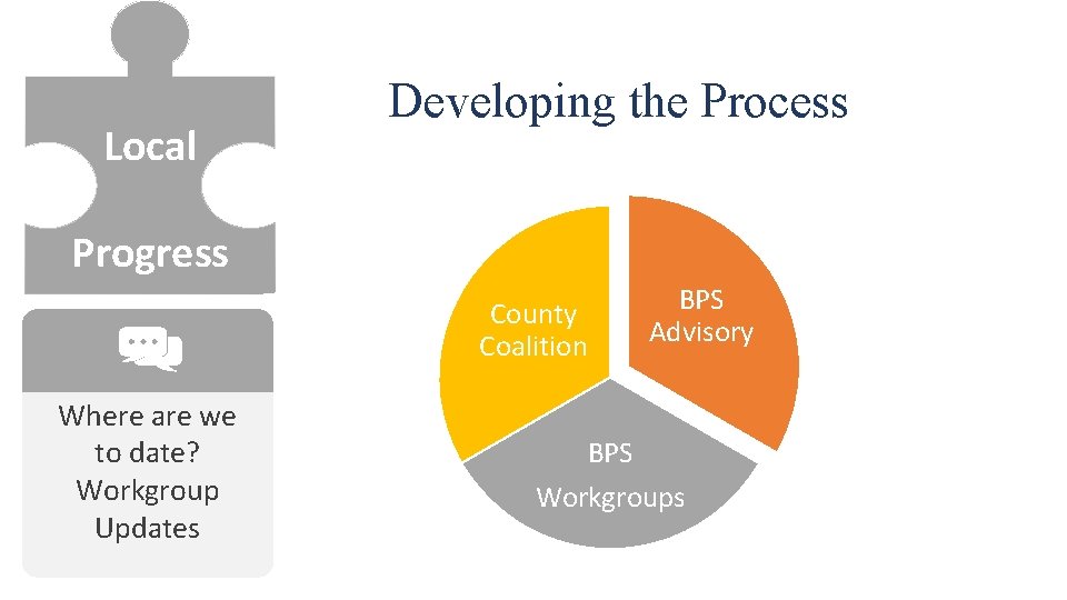 Local Developing the Process Progress County Coalition Where are we to date? Workgroup Updates