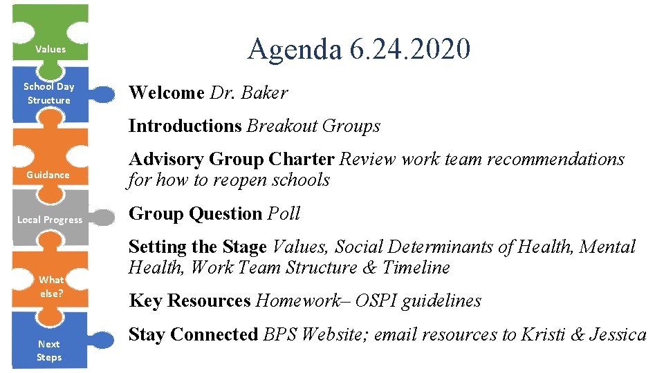 Values School Day Structure Agenda 6. 24. 2020 Welcome Dr. Baker Introductions Breakout Groups