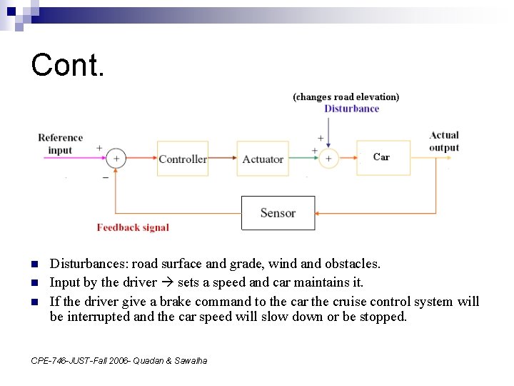 Cont. n n n Disturbances: road surface and grade, wind and obstacles. Input by