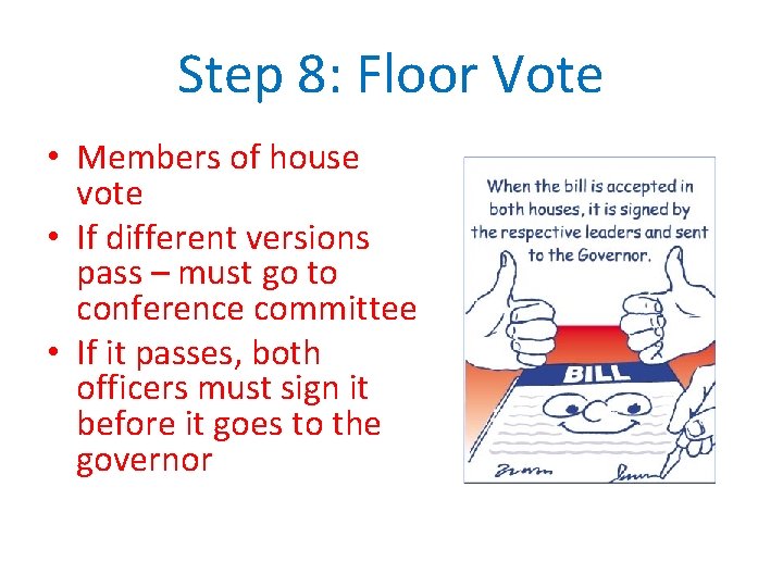 Step 8: Floor Vote • Members of house vote • If different versions pass