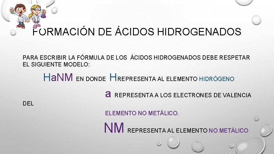 FORMACIÓN DE ÁCIDOS HIDROGENADOS PARA ESCRIBIR LA FÓRMULA DE LOS ÁCIDOS HIDROGENADOS DEBE RESPETAR FORMACIÓN DE ÁCIDOS HIDROGENADOS PARA ESCRIBIR LA FÓRMULA DE LOS ÁCIDOS HIDROGENADOS DEBE RESPETAR