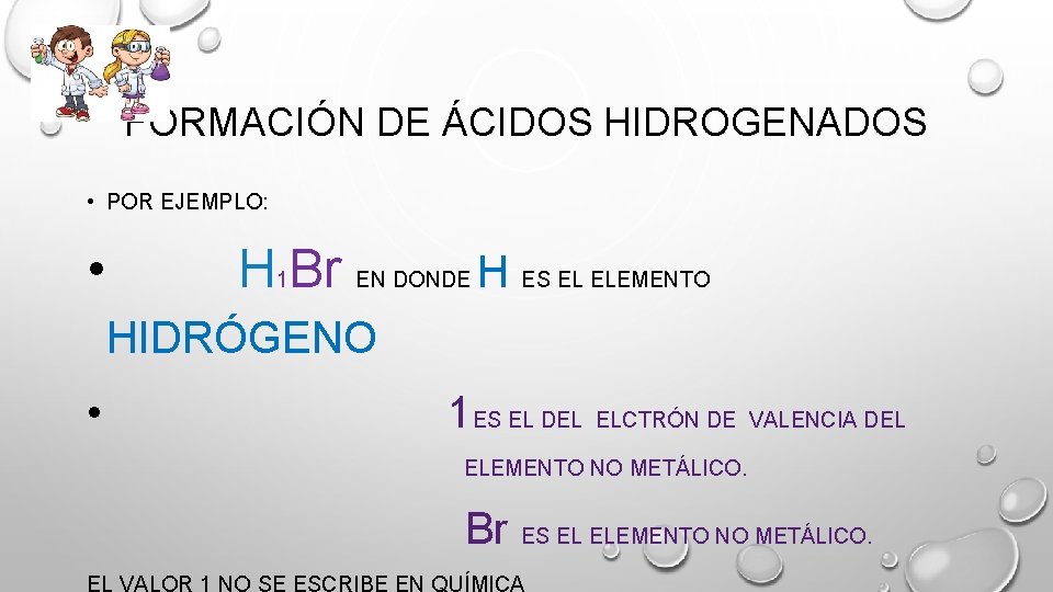 FORMACIÓN DE ÁCIDOS HIDROGENADOS • POR EJEMPLO: • H 1 Br EN DONDE H FORMACIÓN DE ÁCIDOS HIDROGENADOS • POR EJEMPLO: • H 1 Br EN DONDE H