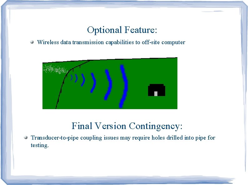 Optional Feature: Wireless data transmission capabilities to off-site computer Final Version Contingency: Transducer-to-pipe coupling