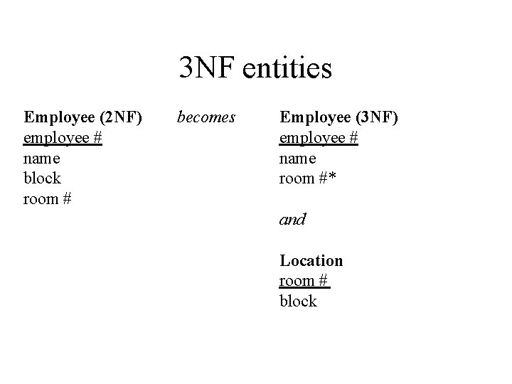 3 NF entities Employee (2 NF) employee # name block room # becomes Employee