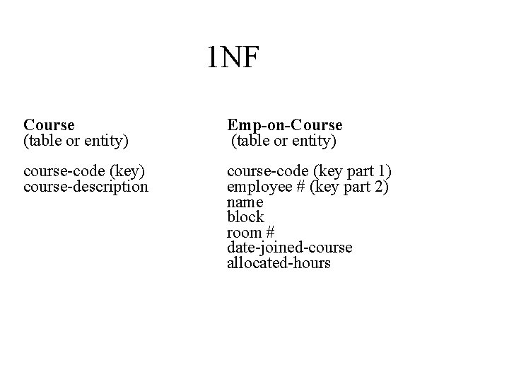 1 NF Course (table or entity) Emp-on-Course (table or entity) course-code (key) course-description course-code