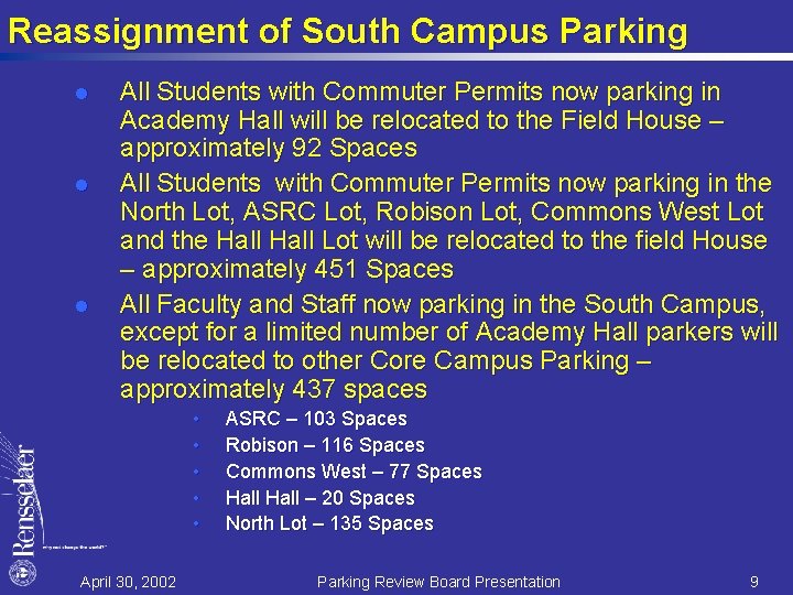 Reassignment of South Campus Parking l l l All Students with Commuter Permits now