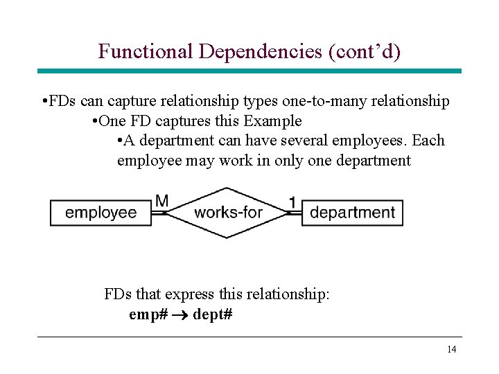 Functional Dependencies (cont’d) • FDs can capture relationship types one-to-many relationship • One FD Functional Dependencies (cont’d) • FDs can capture relationship types one-to-many relationship • One FD