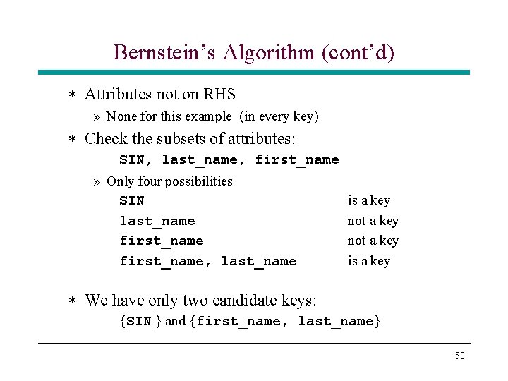 Bernstein’s Algorithm (cont’d) * Attributes not on RHS » None for this example (in Bernstein’s Algorithm (cont’d) * Attributes not on RHS » None for this example (in