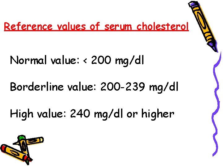 Reference values of serum cholesterol Normal value: < 200 mg/dl Borderline value: 200 -239