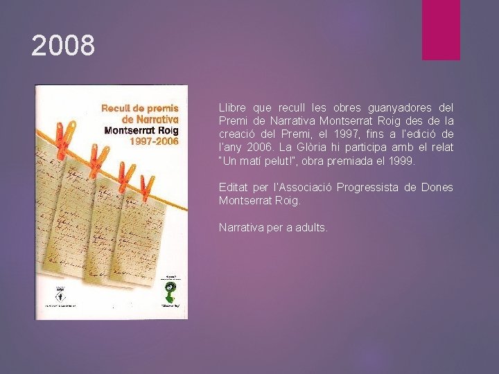 2008 Llibre que recull les obres guanyadores del Premi de Narrativa Montserrat Roig des