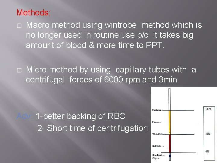Methods: � Macro method using wintrobe method which is no longer used in routine