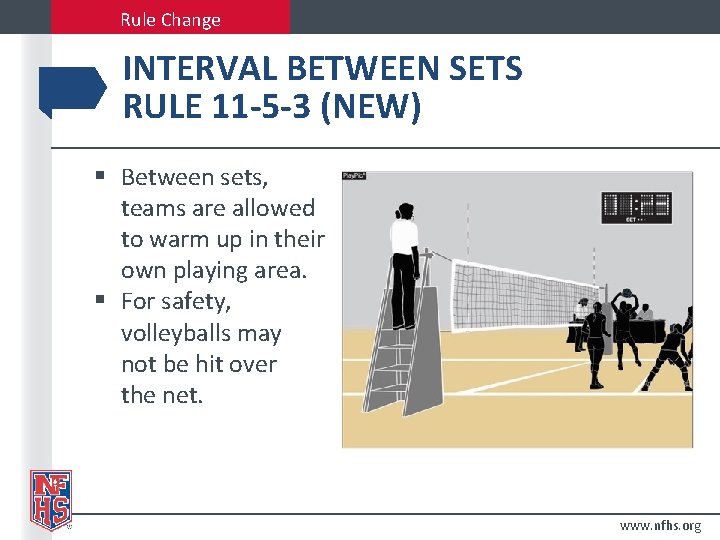 Rule Change INTERVAL BETWEEN SETS RULE 11 -5 -3 (NEW) § Between sets, teams