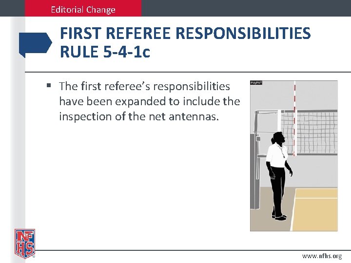 Editorial Change FIRST REFEREE RESPONSIBILITIES RULE 5 -4 -1 c § The first referee’s
