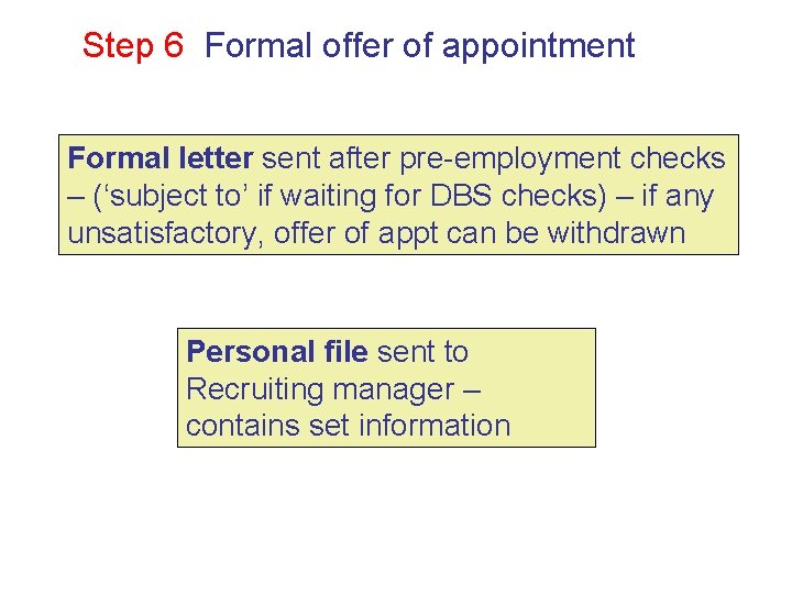 Step 6 Formal offer of appointment Formal letter sent after pre-employment checks – (‘subject