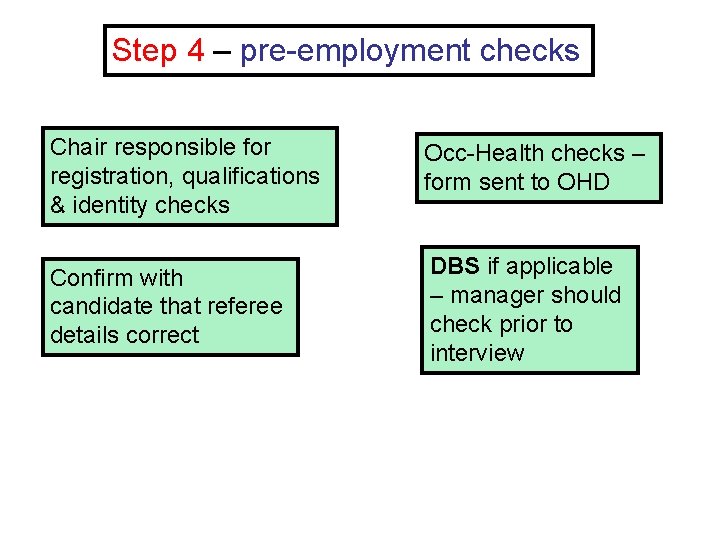 Step 4 – pre-employment checks Chair responsible for registration, qualifications & identity checks Occ-Health