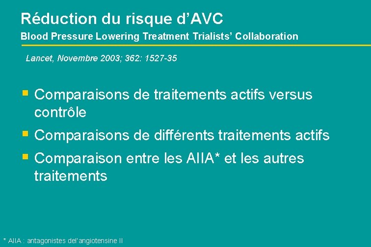 Réduction du risque d’AVC Blood Pressure Lowering Treatment Trialists’ Collaboration Lancet, Novembre 2003; 362: