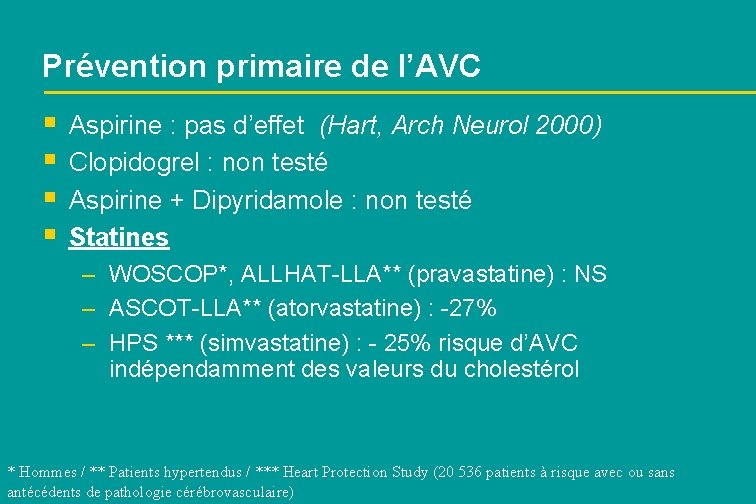 Prévention primaire de l’AVC § § Aspirine : pas d’effet (Hart, Arch Neurol 2000)