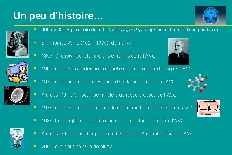 Un peu d’histoire… § 400 av JC, Hippocrate définit l’AVC (Παραπληγία: apparition brutale d’une