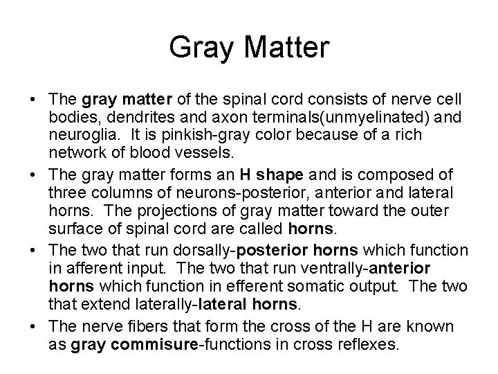 Gray Matter • The gray matter of the spinal cord consists of nerve cell