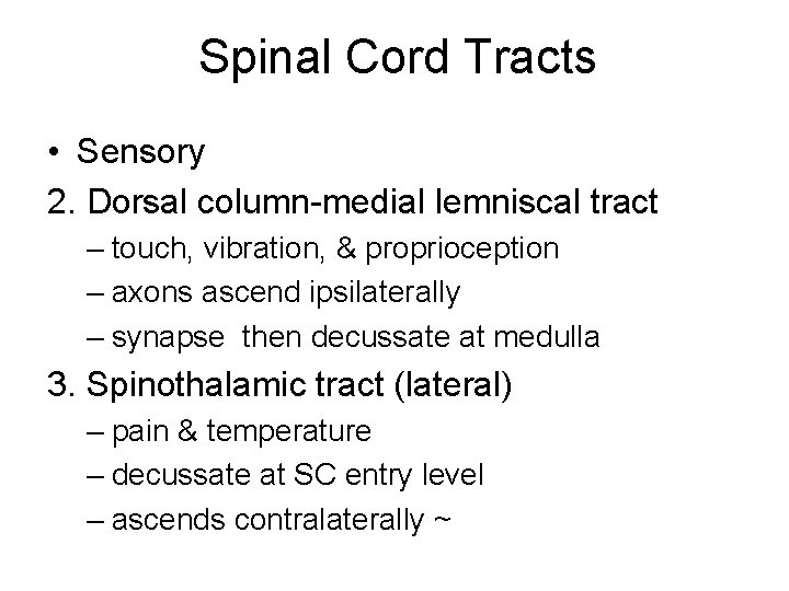 Spinal Cord Tracts • Sensory 2. Dorsal column-medial lemniscal tract – touch, vibration, &