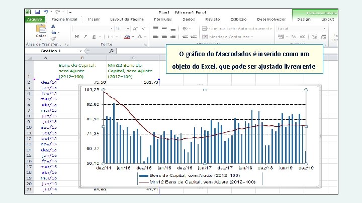 O gráfico do Macrodados é inserido como um objeto do Excel, que pode ser