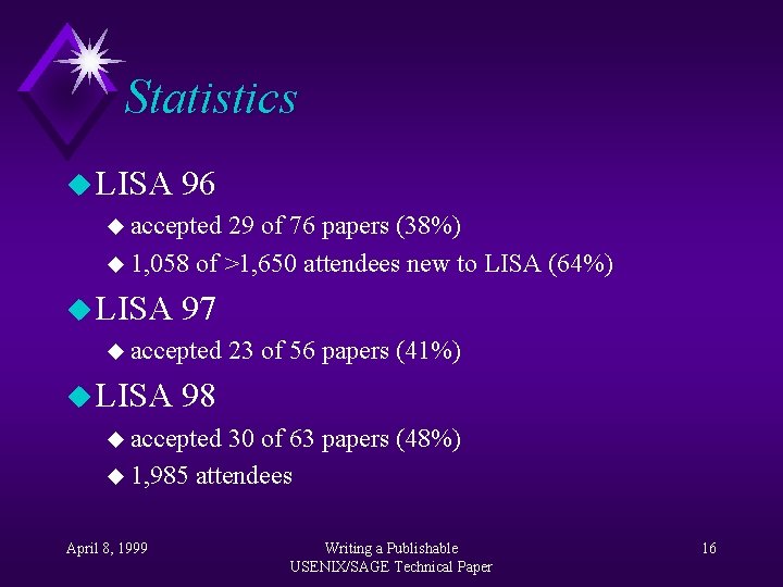Statistics u LISA 96 u accepted 29 of 76 papers (38%) u 1, 058