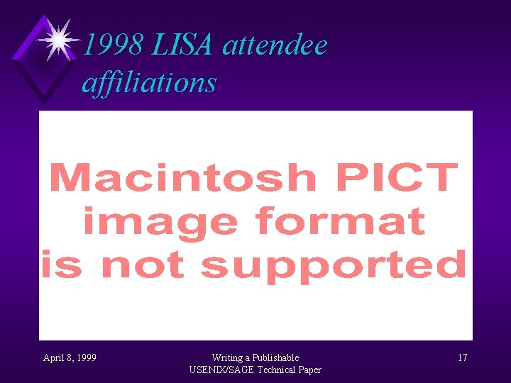 1998 LISA attendee affiliations April 8, 1999 Writing a Publishable USENIX/SAGE Technical Paper 17