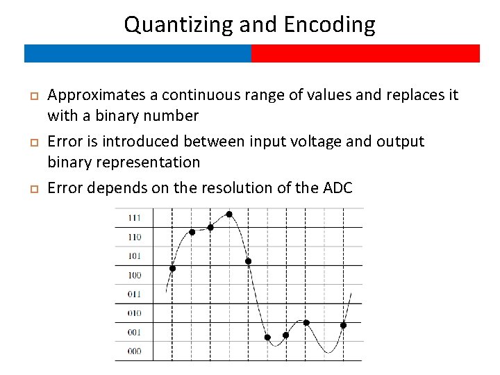 Quantizing and Encoding Approximates a continuous range of values and replaces it with a