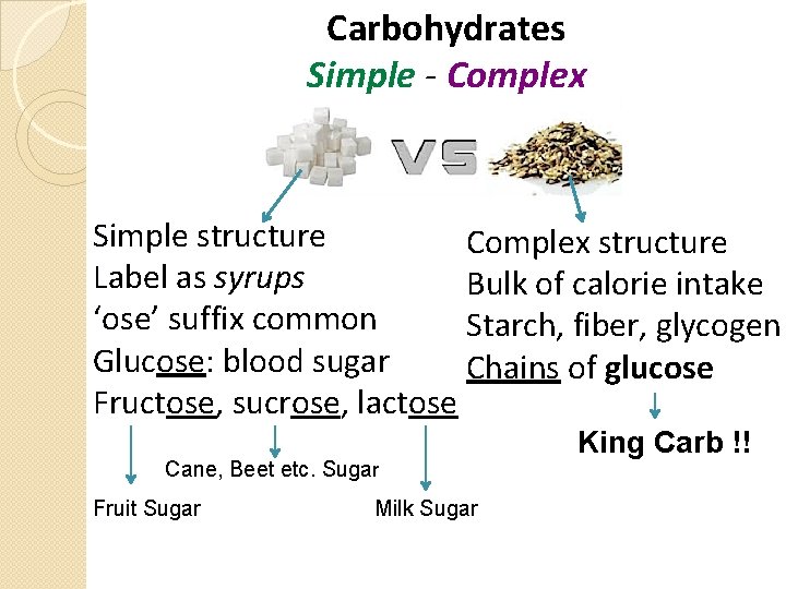 Carbohydrates Simple - Complex Simple structure Complex structure Label as syrups Bulk of calorie