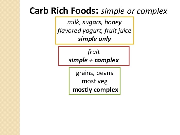 Carb Rich Foods: simple or complex milk, sugars, honey flavored yogurt, fruit juice simple