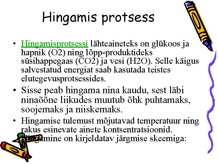 Hingamis protsess • Hingamisprotsessi lähteaineteks on glükoos ja hapnik (O 2) ning lõpp-produktideks süsihappegaas