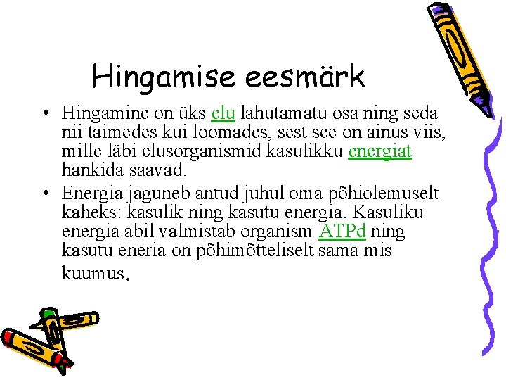 Hingamise eesmärk • Hingamine on üks elu lahutamatu osa ning seda nii taimedes kui