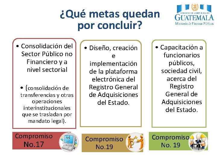 ¿Qué metas quedan por concluir? • Consolidación del Sector Público no Financiero y a