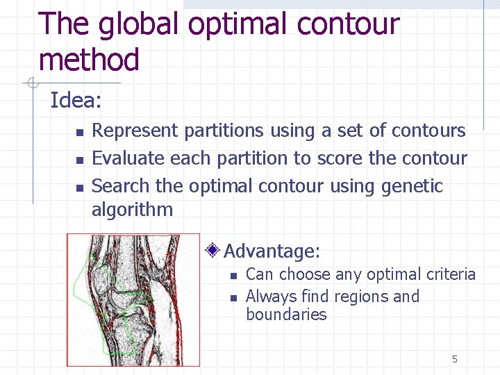 The global optimal contour method Idea: n n n Represent partitions using a set
