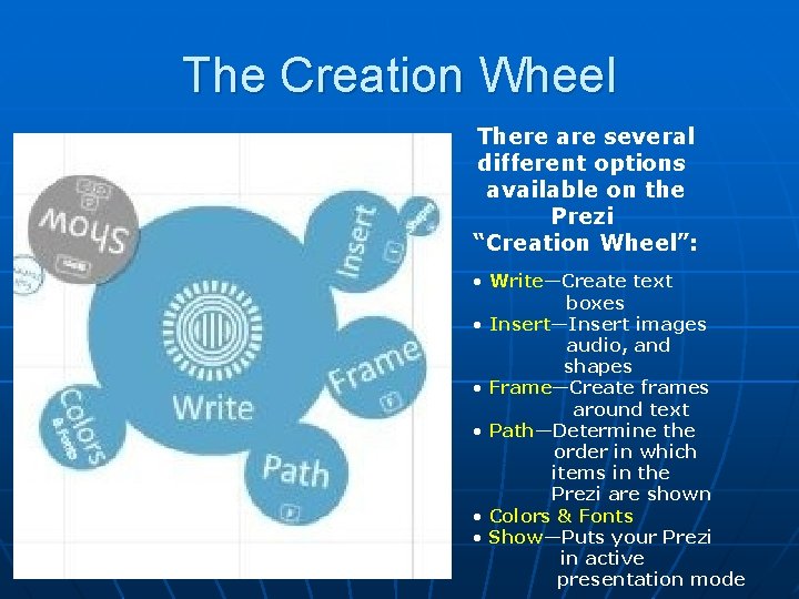 The Creation Wheel There are several different options available on the Prezi “Creation Wheel”: