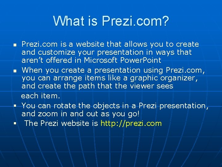 What is Prezi. com? Prezi. com is a website that allows you to create
