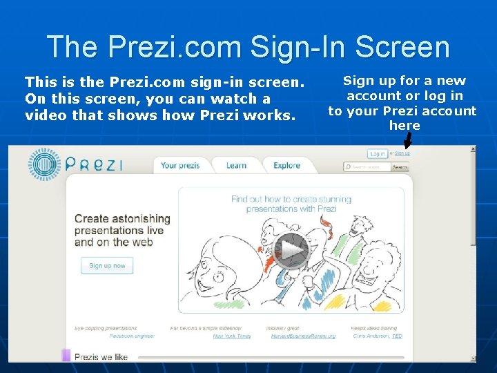 The Prezi. com Sign-In Screen This is the Prezi. com sign-in screen. On this
