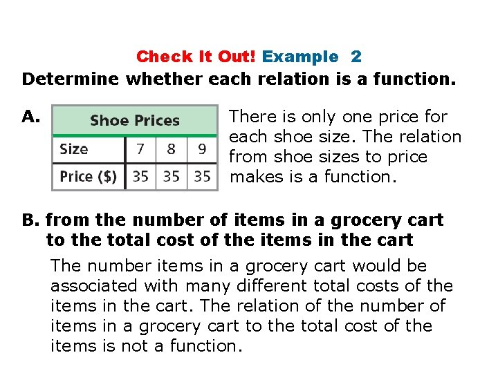 Check It Out! Example 2 Determine whether each relation is a function. A. There