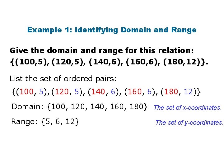 Example 1: Identifying Domain and Range Give the domain and range for this relation: