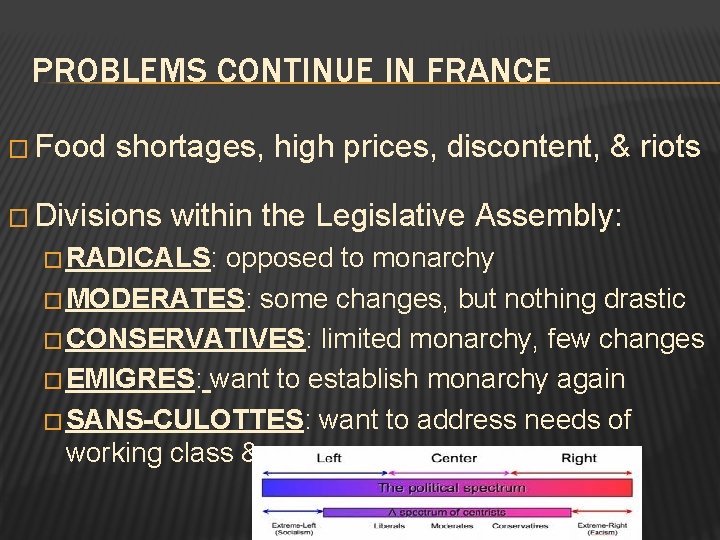 PROBLEMS CONTINUE IN FRANCE � Food shortages, high prices, discontent, & riots � Divisions