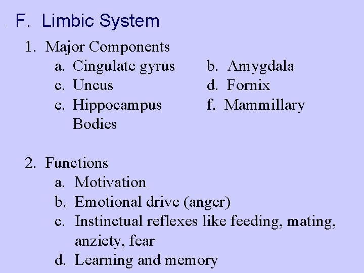 F. Limbic System 1. Major Components a. Cingulate gyrus c. Uncus e. Hippocampus Bodies