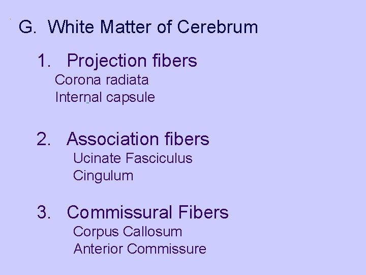 G. White Matter of Cerebrum 1. Projection fibers Corona radiata Internal capsule - 2.