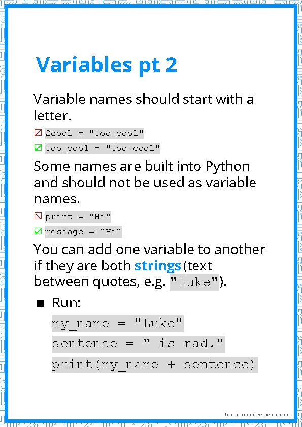 Variables pt 2 Variable names should start with a letter. ☒ 2 cool = Variables pt 2 Variable names should start with a letter. ☒ 2 cool =