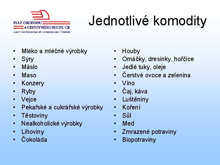 Jednotlivé komodity • • • Mléko a mléčné výrobky Sýry Máslo Maso Konzery Ryby