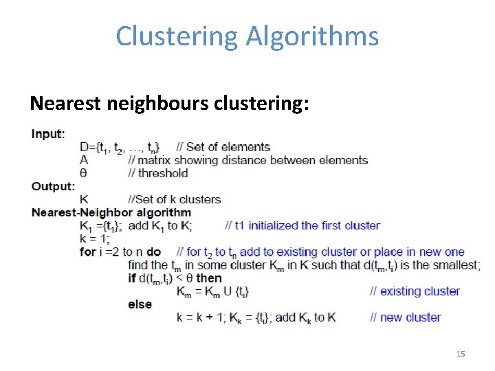 Clustering Algorithms Nearest neighbours clustering: 15 