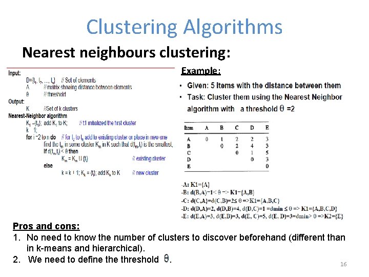 Clustering Algorithms Nearest neighbours clustering: Example: Pros and cons: 1. No need to know