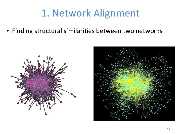 1. Network Alignment • Finding structural similarities between two networks 45 