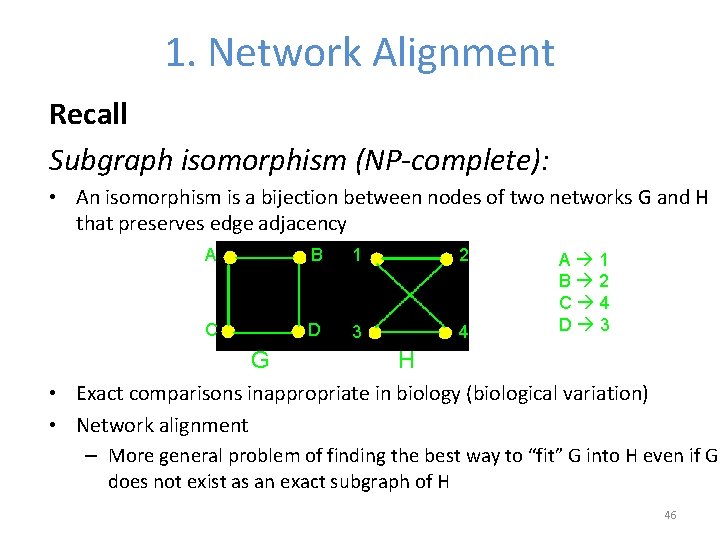 1. Network Alignment Recall Subgraph isomorphism (NP-complete): • An isomorphism is a bijection between