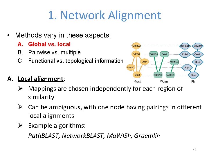 1. Network Alignment • Methods vary in these aspects: A. Global vs. local B.
